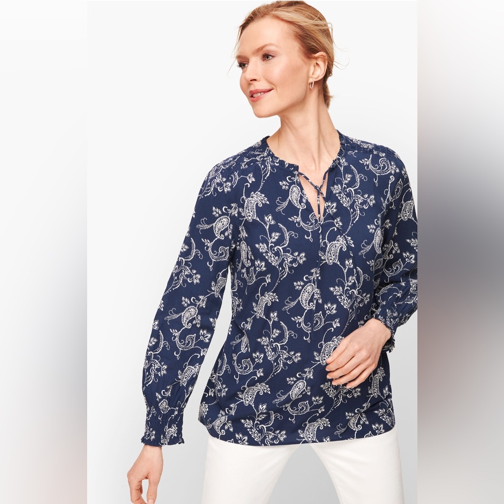 Talbots TIE-NECK SMOCKED TOP Blouse PRINTED PAISLEY Sz X!